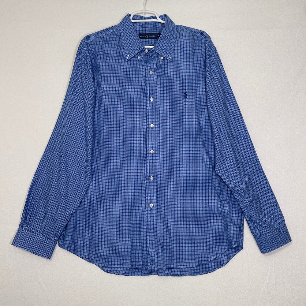 Ralph Lauren Mens Button Down Shirt Size XL Blue Plaid Long Sleeve Pony Logo